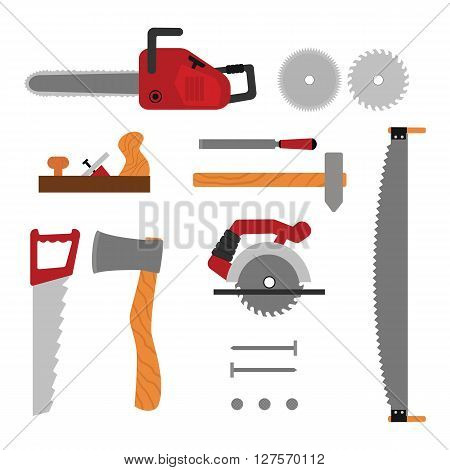 Vector flat  set of constuction tool for wood house building. Axe, saw, nail, planer, disk saw cartoon illusrtration