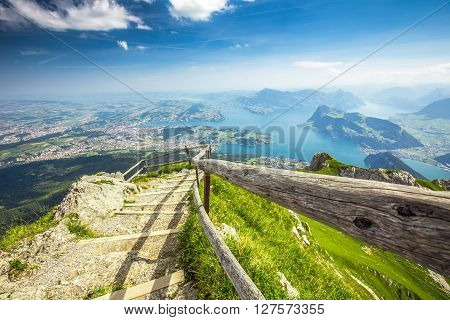 Beautiful view to Lucerne lake (Vierwaldstattersee) mountain Rigi and Buergerstock from Pilatus Swiss Alps Central Switzerland