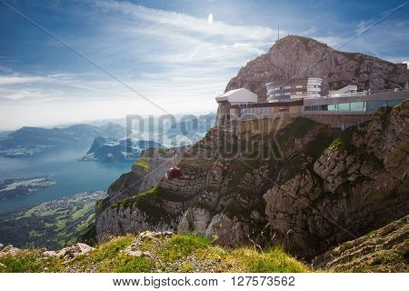 PILATUS - LUZERN SWITZERLAND - AUGUST 6 2015 - Pilatus - world's steepest cogwheel railway and view to Swiss Alps from the top of Pilatus