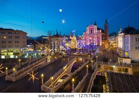 Romantic Ljubljana's city center decorated for Christmas holiday. Preseren's square, Ljubljana, Slovenia, Europe. Horizontal composition.