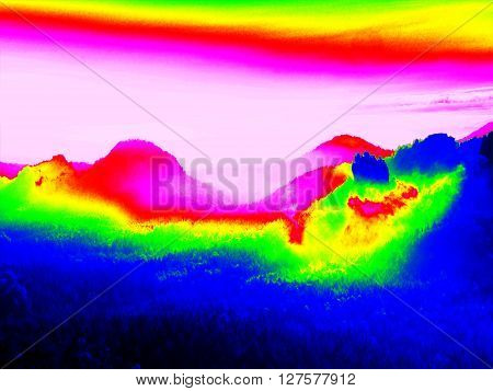 Infrared Scan Of Rocky Landscape, Pine Forest With Colorful Fog, Hot Sunny Sky Above. Amazing Thermo