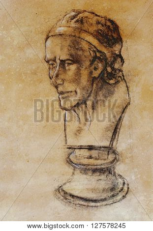 Hand drawn head, Illustration half face. Gypsum bust drawn in pencil. Profile portrait. Bust of Voltaire by Houdon