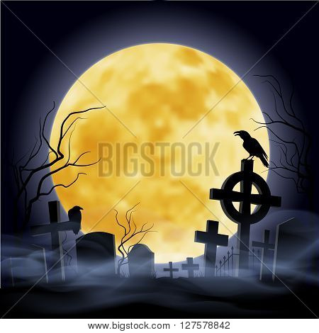 Cemetry at the night. Yellow moon. Headstone.