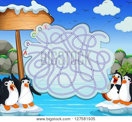Game template with penquins on iceberg illustration