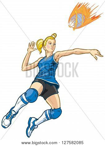 Girl volleyball player jumping to spike an incoming serve that looks like a fire ball. This vector clip art illustration is built in layers for easy editing. Ball is on a separate layer.