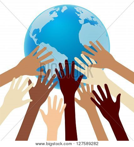 Group of Diversity Hand Reaching For the Earth Globe Unity World Credit map from Nasa