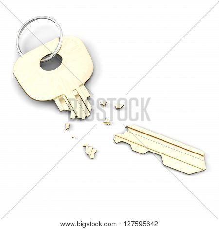 Broken key from lock isolated on white background. 3d rendering.