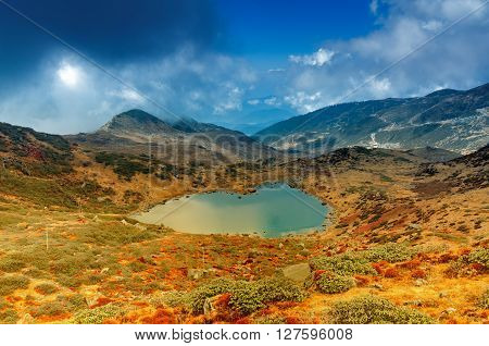 Top view of Kalapokhri lake Sikkim Himalayan mountain range Sikkim - It is one of beautiful remote placed lakes of Sikkim.