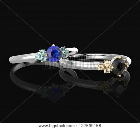 Wedding rings with diamonds on a black background. Fashion jewelry. 3d digitally rendered illustration