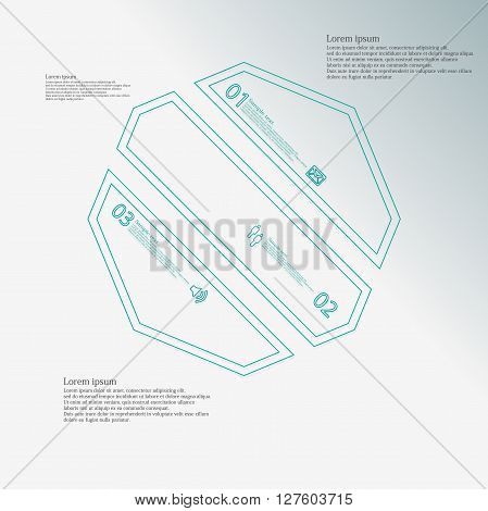 Octagon infographic illustration template askew divided to three blue parts. Each part contain text number and sign and is created by double outline contour.