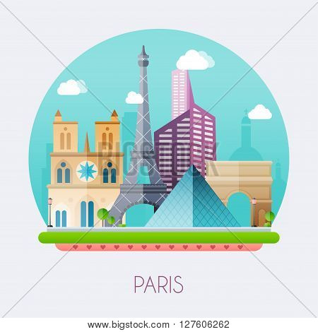 Paris.  Skyline And Vector Landscape Of Buildings And  Famous Landmarks. Vector Illustration.