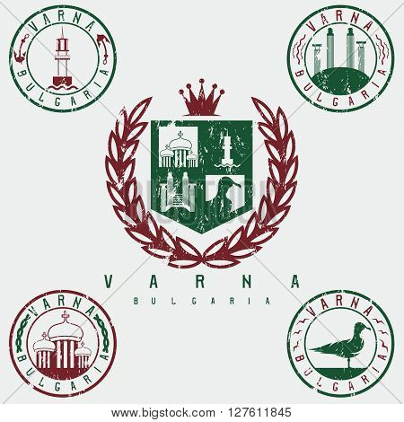 Grunge Coat Of Arms And Emblems With Landmarks Of The City Varna Bulgaria