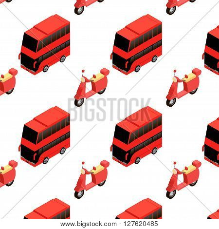 Isometric double decker bus and moped seamless pattern