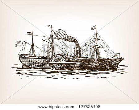 Steamship sketch style vector illustration. Old hand drawn engraving imitation.