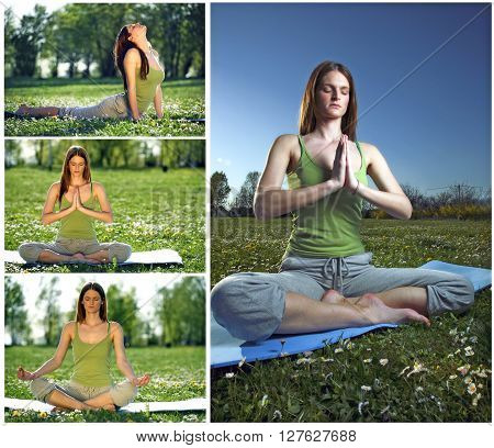 Young women practise yoga by day in nature
