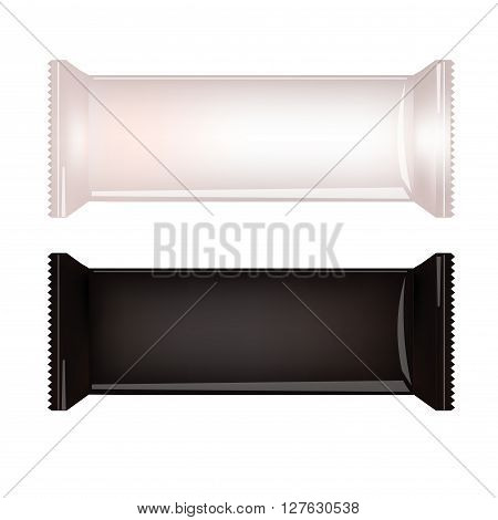 White and Black Blank Food Packaging For Biscuit Wafer Crackers Sweets Chocolate Bar Candy Bar Snacks . Design Template. Isolated On White Background. Wrapper Mock-up.
