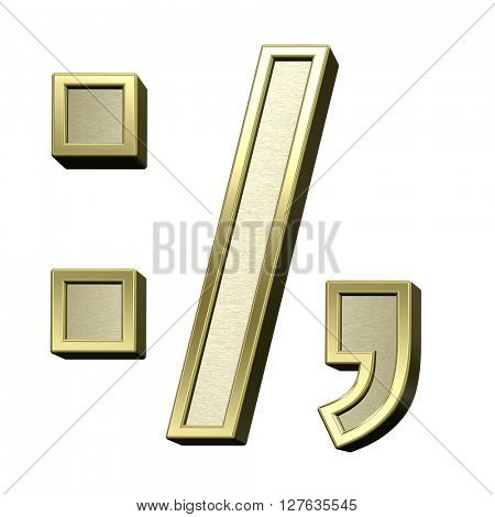 Colon, semicolon, period, comma from brushed gold with shiny frame alphabet set, isolated on white. 3D illustration.