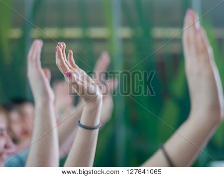 senior teacher teaching lessons, smart students group raise hands up in school  classroom on class