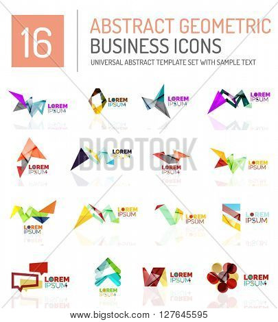 Abstract geometric business logo icon set. Colorful geometrical figure compositions with light effects - triangles circles rings arrows lines