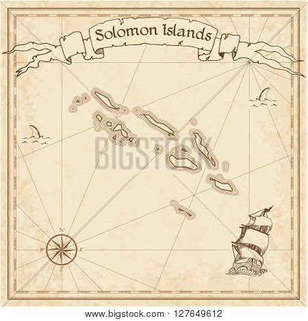 Solomon Islands Old Treasure Map. Sepia Engraved Template Of Pirate Map. Stylized Pirate Map On Vint