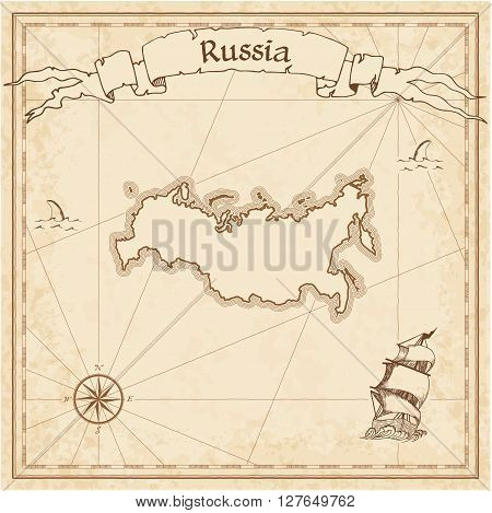 Russian Federation Old Treasure Map. Sepia Engraved Template Of Pirate Map. Stylized Pirate Map On V