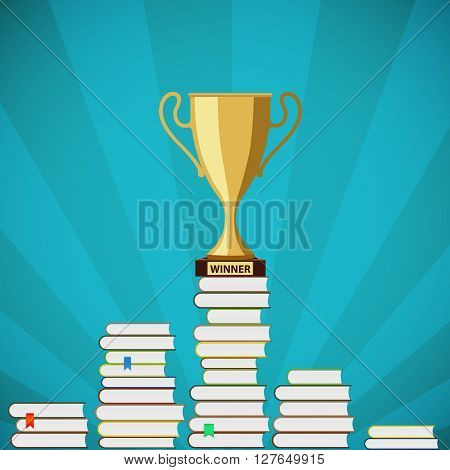 Gold Cup is standing on a pile of books. Stock vector illustration.
