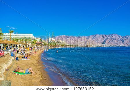 EILAT ISRAEL - FEBRUARY 23 2016: Comfortable beaches of popular resort Eilat in Israel on February 23 in Eilat.