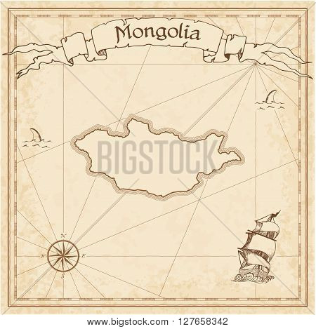 Mongolia Old Treasure Map. Sepia Engraved Template Of Pirate Map. Stylized Pirate Map On Vintage Pap