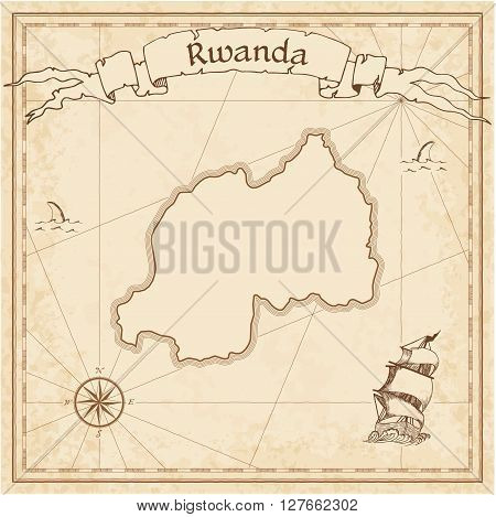 Rwanda Old Treasure Map. Sepia Engraved Template Of Pirate Map. Stylized Pirate Map On Vintage Paper
