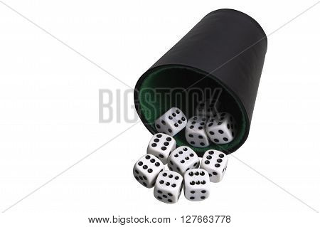 Black glass with white dice on a white background.
