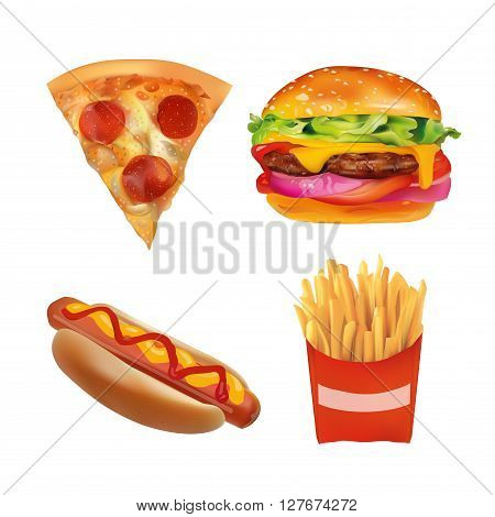 Vector Realistic fast Food Set. Burger Pizza Slice Beverage Coffee French Fries Hot Dog Ketchup Mustard. Isolated On White background icons