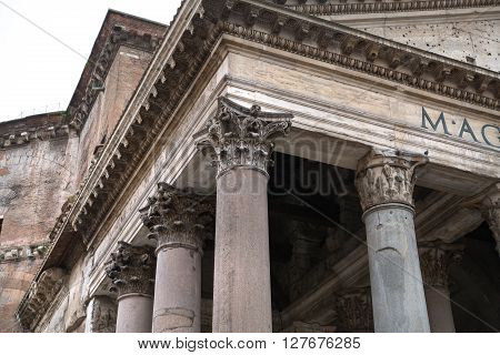 ROME, ITALY - APRIL 8, 2016: Pantheon fronton and columns