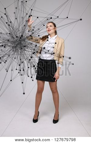 Global network connection concept, woman working with futuristic computer interface.
