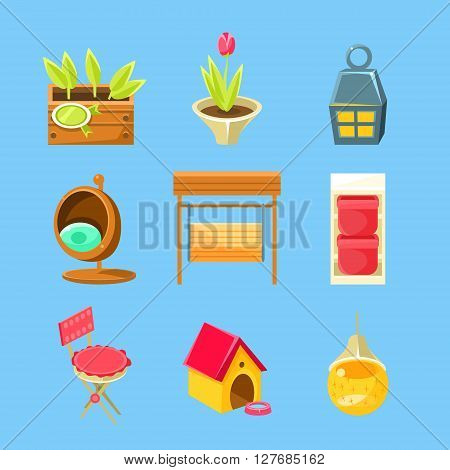 Garden Stuff Set Of Flat Isolated Vector Simplified Bright Color Design Icons On Blue Background