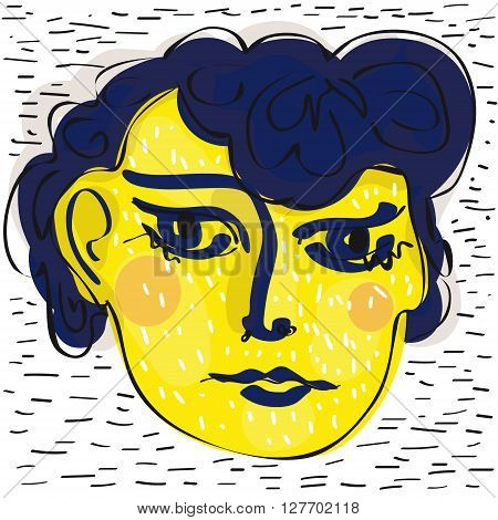 hand drawn yellow girls face with blue hair