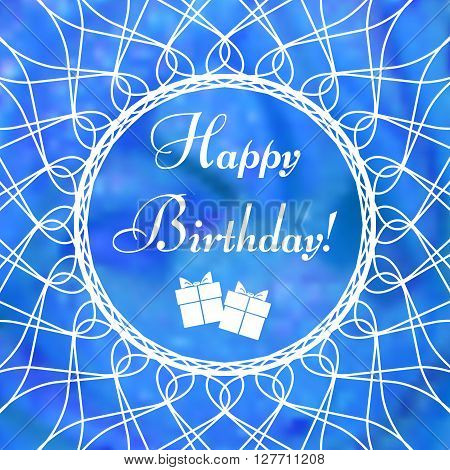 Greeting card with white reticular ornament on blue floral blurred background. Postcard with wishes for Women's Day Mother's Day Birthday Anniversary Invitation. Vector illustration