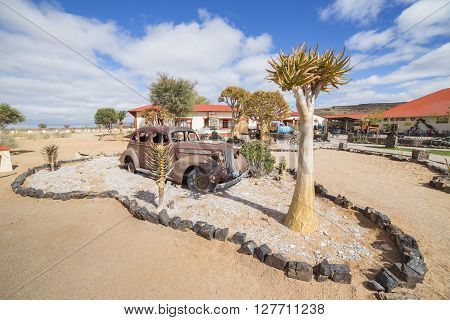 FISH RIVER CANYON NAMIBIA - SEPTEMBER 01 2015: Vintage car in front of the Lodge Canyon Roadhouse Fish River Canyon Namibia