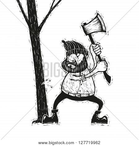 Black and white illustration of lumberjack with an ax chopping wood