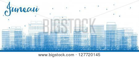 Outline Juneau (Alaska) Skyline with Blue Buildings. Vector Illustration. Business travel and tourism concept with modern buildings. Image for presentation, banner, placard and web site.