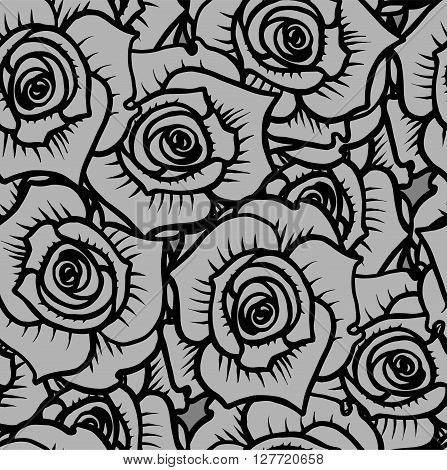 Seamless pattern of gray graphic quality roses.Vector illustration.