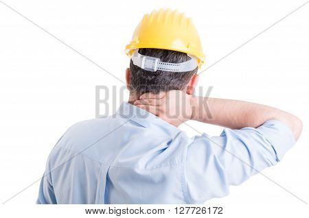 Stressed engineer feeling back neck pain. Medical insurance concept