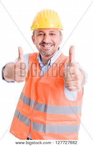 Happy builder showing thumbsup on white background