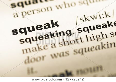 Close Up Of Old English Dictionary Page With Word Squeak.