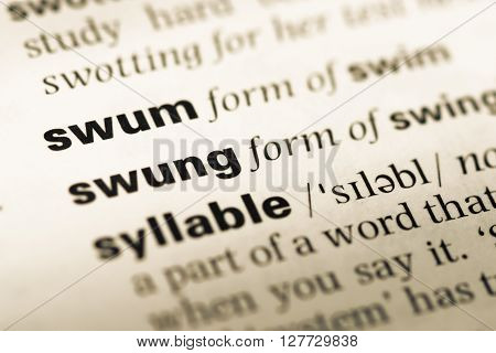 Close Up Of Old English Dictionary Page With Word Swum.