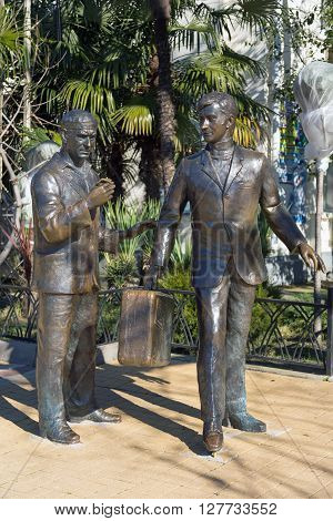 Sochi, Russia - February 9, 2016: The monument to the heroes of the Comedy directed by Leonid Gaidai The Diamond Arm, mounted in Sochi near the building of the marine station.