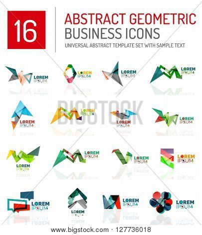 Abstract geometric business logo icon set. Colorful geometrical figure compositions with light effects - triangles circles rings arrows lines