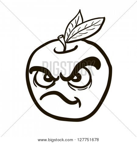 black and white freehand drawn angry apple cartoon illustration