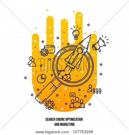 Search engine optimization illustration. Vector outline flat background . Outline icons collection. SEO concept. Line art flat style. Internet marketing illustration . Internet promotion items