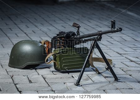 soviet russian weapon: machine gun PKM on the ground