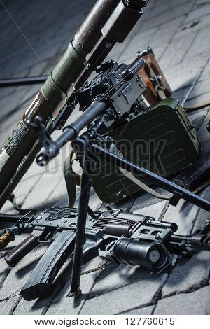 soviet russian weapon: weapon pile on the ground